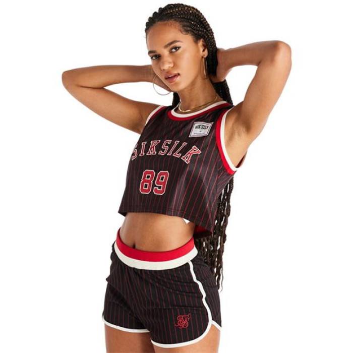 シックシルク Siksilk 【 Women's Baseball Crop Top Women Black/Red 】 レディース ベースボール Crop クロップ レディース 黒色 ブラック Red 赤・レッド