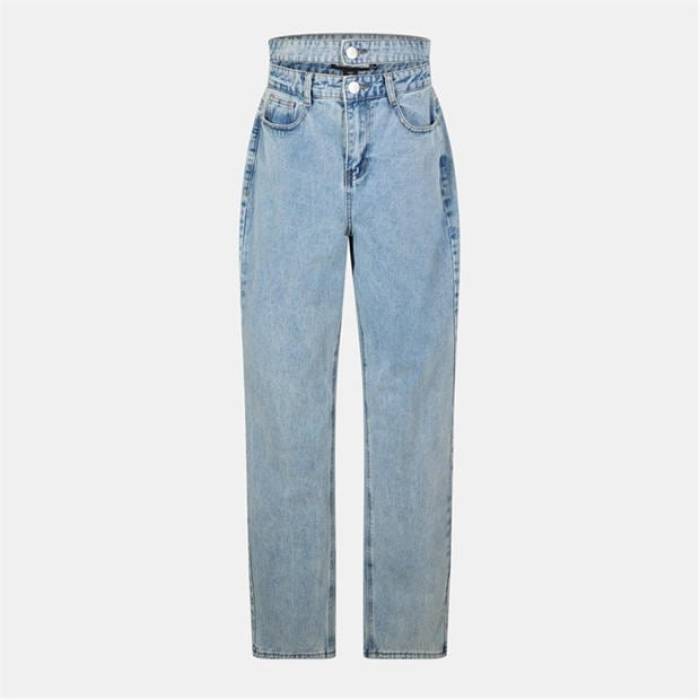 Missy Empire 【 Denim Double Waistband Straight Leg Jeans Womens Women Mid Wash 】 ジーンズ デニム レディース レディース ミッド
