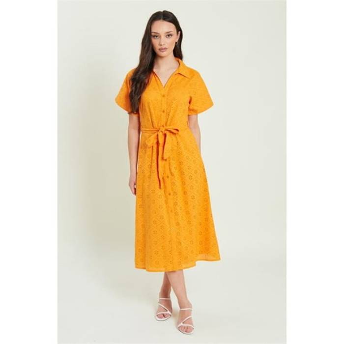 Be You 【 Broderie Tie Waist Midi Shirt Dress Women Orange 】 タイ 御召しもの レディース orange 橙・オレンジ色