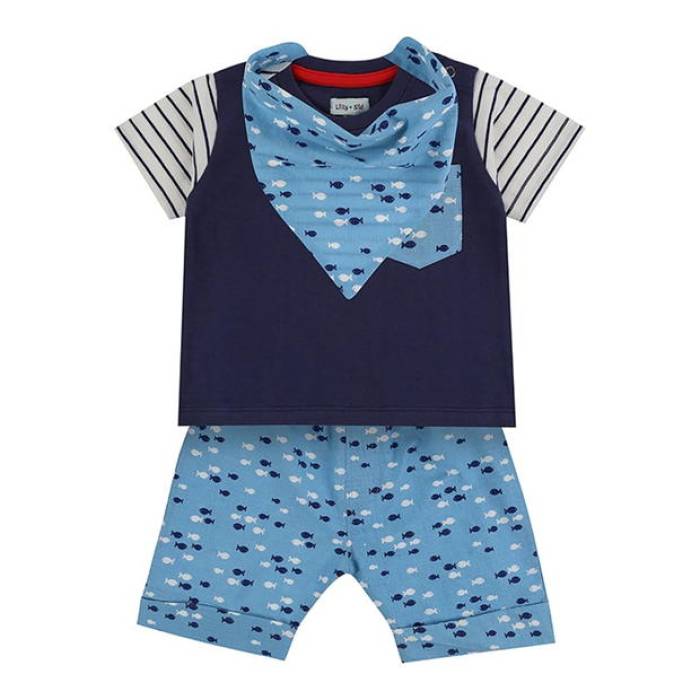Lilly And Sid 【 \u0026 Sid Blue Fish Print Top Short And Bib Set Kids Multi 】 青碧 青碧 お坊っちゃん キッズ