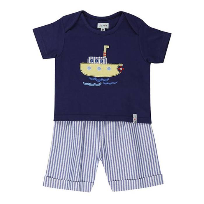 Lilly And Sid 【 Kids\u0027 Stripe T-Shirt And Shorts Set Kids Blue 】 Stripe 縞模様 ティーシャツ さる股引き お坊っちゃん キッズ 青碧 青碧