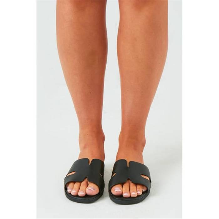 Missy Empire 【 Rubber Ribbed Sole Sliders Women Black 】 天然ゴム サンダル レディース 黒いこと 黒いこと