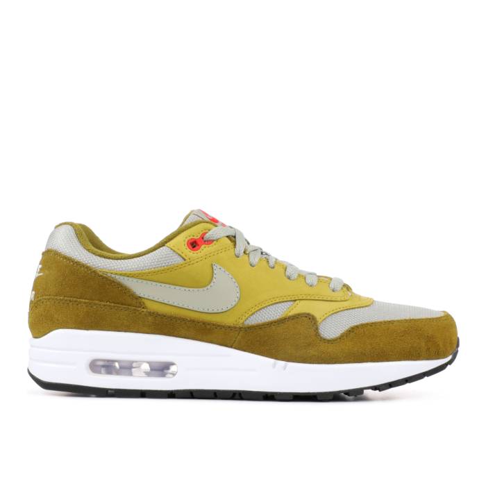 ナイキ Nike 【 Air Max 1 Premium Retro \u0027Green Curry\u0027 Men Olive Flak/Peat Moss/Habanero Red/Spruce Fog 】 マックス Premium 割り増し金 レトロ メンズ olive オリーブ Red 赤・赤いこと