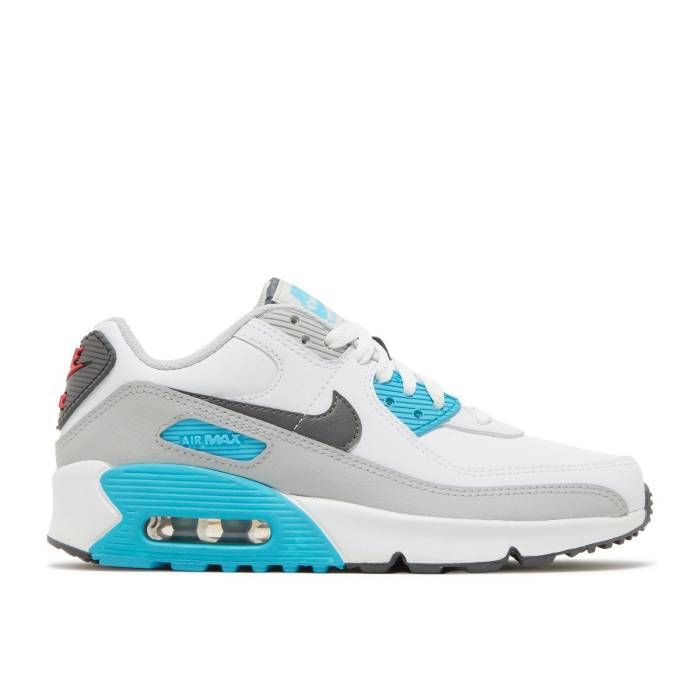ナイキ Nike 【 Air Max 90 Leather Gs 'White Chlorine Blue' Youth White/Chlorine Blue/Light Fusion Red/Iron Grey 】 マックス レザー ジュニア キッズ 白色 ホワイト 青色 ブルー Fusion フュージョン Red 赤・レッド 灰色｜スニケス