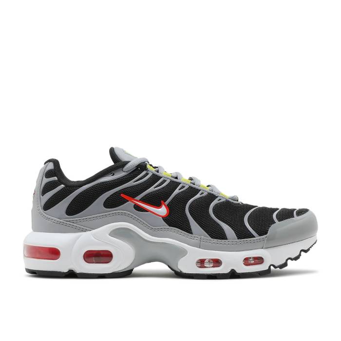 ナイキ Nike 【 Air Max Plus ガウス \u0027Dark Smoke Grey\u0027 Youth Dark Smoke Grey/Light Smoke Grey/High Voltage/White 】 マックス 御坊っちゃん キッズ 薄墨色 薄墨色 ご機嫌 白いこと 白いこと