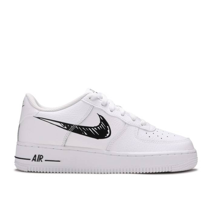 ナイキ Nike 【 Air Force 1 Low Gs 'Doodle Swoosh - White Black' Youth White/Black 】 Swoosh スウッシュ・スウォッシュ 白色 ホワイト ジュニア キッズ 白色 ホワイト 黒色 ブラック|スニケス