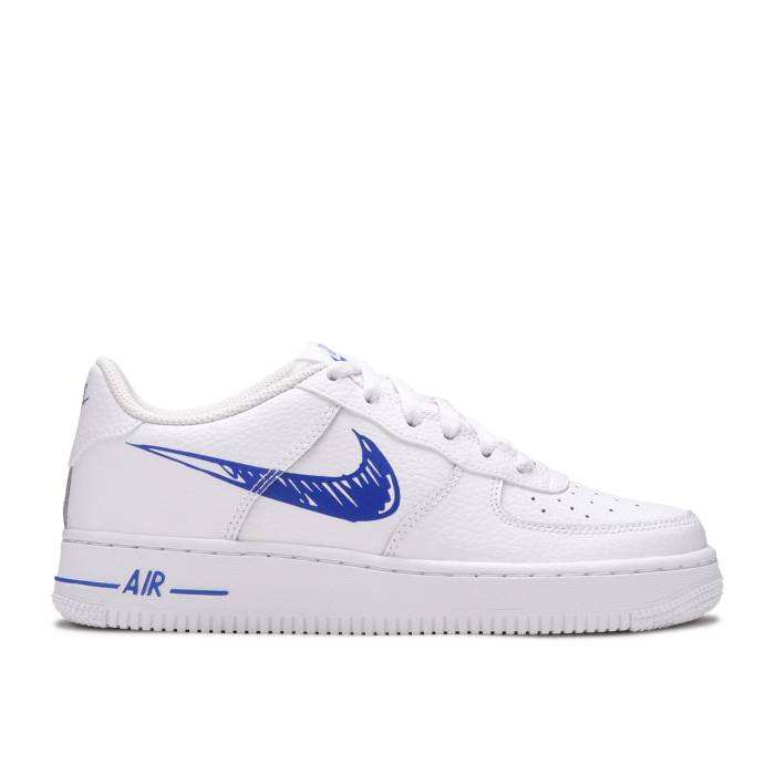 ナイキ Nike 【 Air Force 1 Low Gs 'Doodle Swoosh - White Racer Blue' Youth White/Racer Blue/White 】 Swoosh スウッシュ・スウォッシュ 白色 ホワイト ジュニア キッズ 白色 ホワイト 青色 ブルー｜スニケス