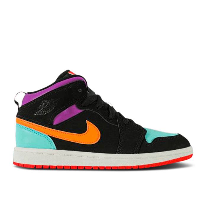 ナイキ エアジョーダン Air Jordan 【 Jordan 1 Mid Ps 'Black Multi' Youth Black/Total Orange/Aurora Green 】 ミッド ジュニア キッズ 黒色 ブラック orange 橙・オレンジ green 緑・グリーン|スニケス