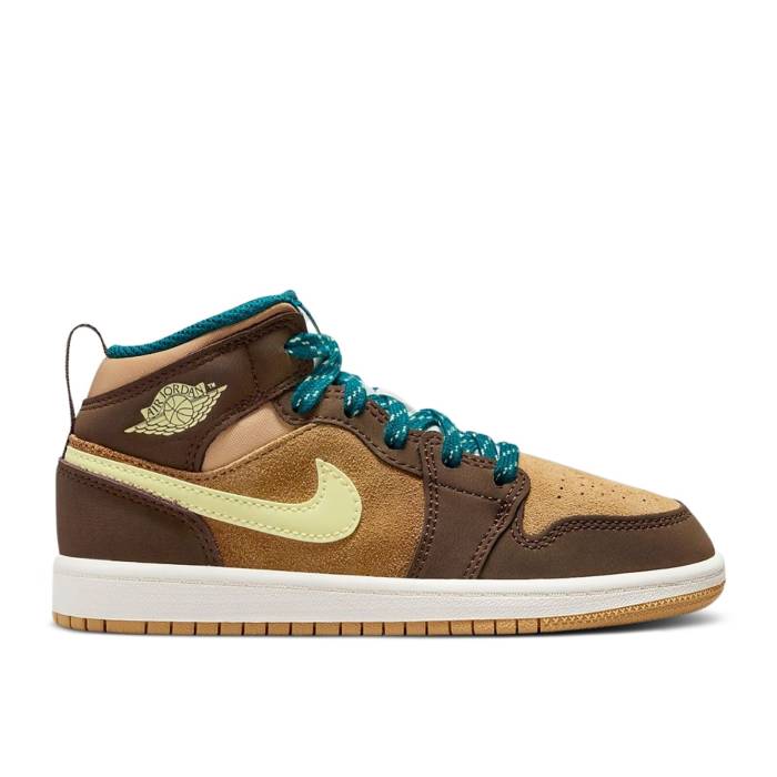 ナイキ エアジョーダン Air Jordan 【 Jordan 1 Mid Se Ps \u0027Cacao Wow\u0027 Youth Cacao Wow/Luminous Green/Ale Brown/Twine/Sail/Geode Teal 】 ミッド 御坊っちゃん キッズ green 緑・緑であること 赤銅色 赤銅色
