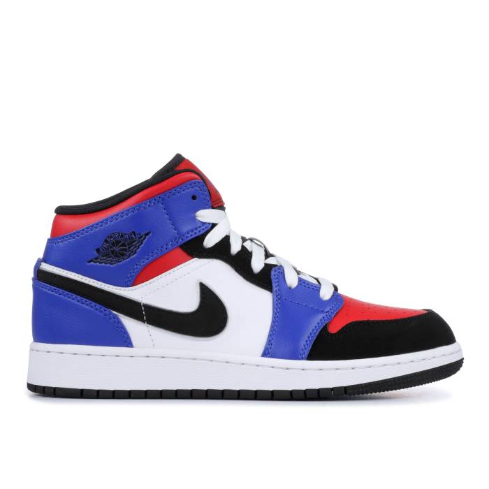 ナイキ エアジョーダン Air Jordan 【 Jordan 1 Mid ガウス \u0027Top 3\u0027 Youth White/Hyper Royal-University Red-Black 】 ミッド お坊っちゃん キッズ 白いこと 白いこと