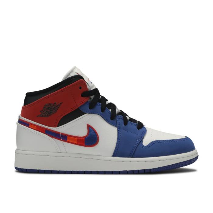 ナイキ エアジョーダン Air Jordan 【 Jordan 1 Mid Se ガウス \u0027Multicolored Swoosh\u0027 Youth White/University Red/Rush Blue 】 ミッド 御坊っちゃん キッズ 白いこと 白いこと Red 赤・赤いこと rush 混雑時 青味 青色 キッズファッション-靴-スニーカー