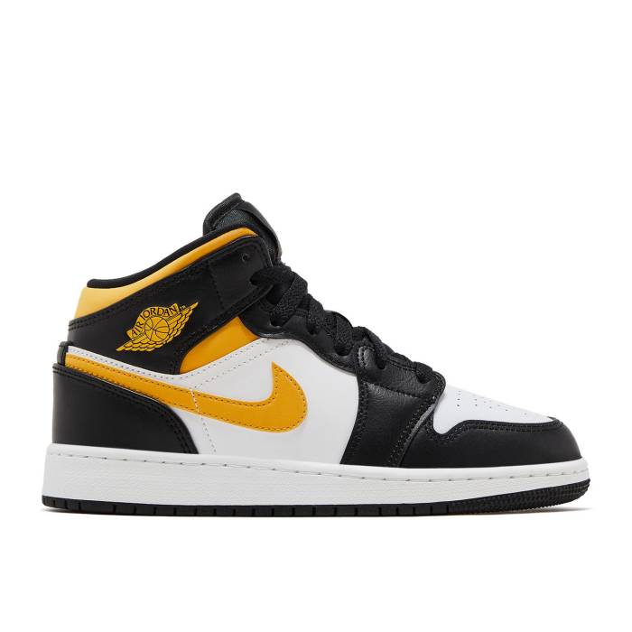 ナイキ エアジョーダン Air Jordan 【 Jordan 1 Mid ガウス \u0027Black University Gold\u0027 Youth White/Pollen/Black 】 ミッド 御坊っちゃん キッズ 白いこと 白いこと 黒いこと 黒いこと キッズ・ベビー・マタニティ-スニーカー-キッズファッション