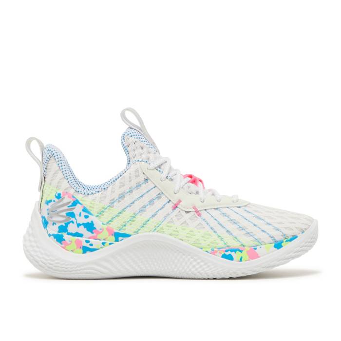 Curry Brand 【 Curry Flow 10 ガウス \u0027Splash Party\u0027 Youth White/Electric Blue/Metallic Silver 】 カリー 流れ受け答え 御坊っちゃん キッズ 白いこと 白いこと 青味 青み Silver しろがね色・しろがね色