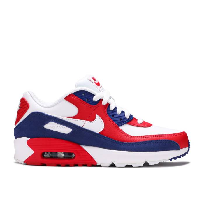 ナイキ Nike 【 Air Max 90 Leather ガウス \u0027Usa 2020\u0027 Youth White/White/Deep Royal/University Red 】 マックス なめし革 お坊っちゃん キッズ 白いこと 白いこと ディープ Red 赤・赤いこと