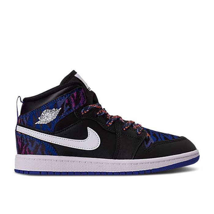 ナイキ　エアジョーダン Air Jordan 【 Jordan 1 Mid Se Ps 'Tiger Stripe' Youth Black/Black/White/Rush Violet 】 ミッド ジュニア キッズ 黒色 ブラック 白色 ホワイト rush ラッシュ 紫・バイオレット｜スニケス