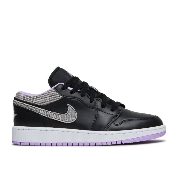ナイキ エアジョーダン Air Jordan 【 Jordan 1 Low Se ガウス \u0027Houndstooth\u0027 Youth Black/Lilac/Metallic Silver/White 】 御坊っちゃん キッズ 黒いこと 黒いこと Silver しろがね色・しろがね色 白いこと 白いこと