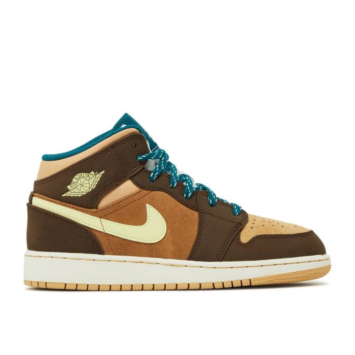 ナイキ エアジョーダン Air Jordan 【 Jordan 1 Mid Se ガウス \u0027Cacao Wow\u0027 Youth Cacao Wow/Luminous Green/Ale Brown/Twine/Sail/Geode Teal 】 ミッド お坊っちゃん キッズ green 緑・緑であること 赤銅色 赤銅色