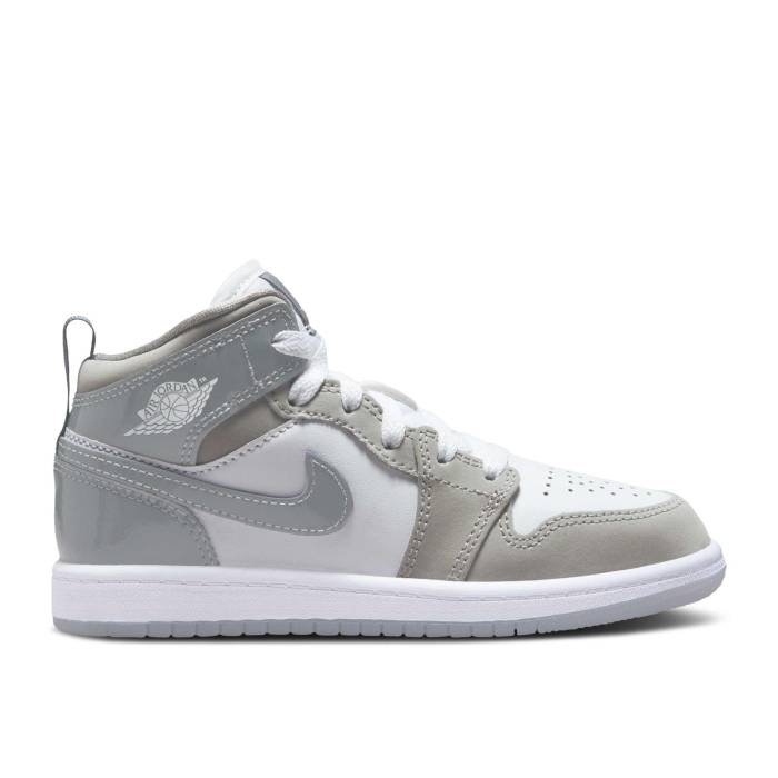 ナイキ エアジョーダン Air Jordan 【 Jordan 1 Mid Se Ps \u0027Patent Cool Grey\u0027 Youth White/Medium Grey/Cool Grey 】 ミッド 冷やりとした 御坊っちゃん キッズ 白いこと 白いこと 薄墨色 薄墨色 冷やりとした