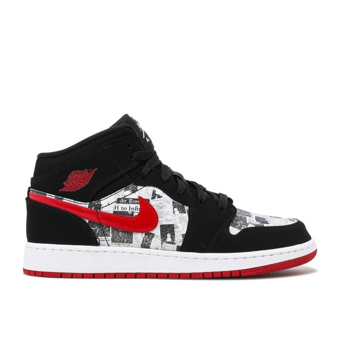 ナイキ　エアジョーダン Air Jordan 【 Jordan 1 Mid Se Gs 'Newspaper Air Times' Youth Black/Gym Red/White 】 ミッド ジュニア キッズ 黒色 ブラック Red 赤・レッド 白色 ホワイト｜スニケス