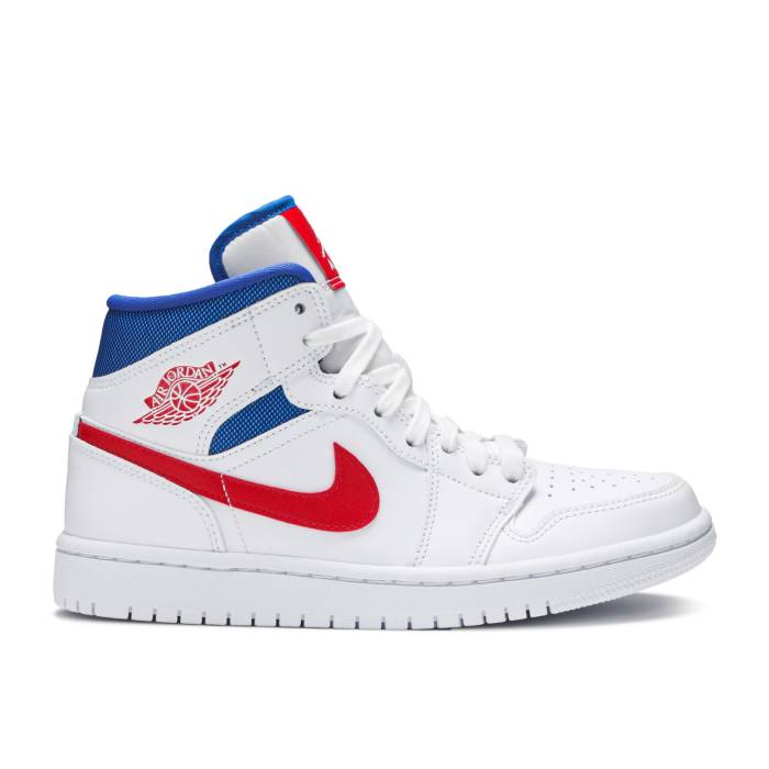 ナイキ エアジョーダン Air Jordan 【 Wmns Jordan 1 Mid \u0027Usa\u0027 Women White/University Red/Game Royal 】 ミッド レディース 白いこと 白いこと Red 赤・赤いこと Game 力くらべ