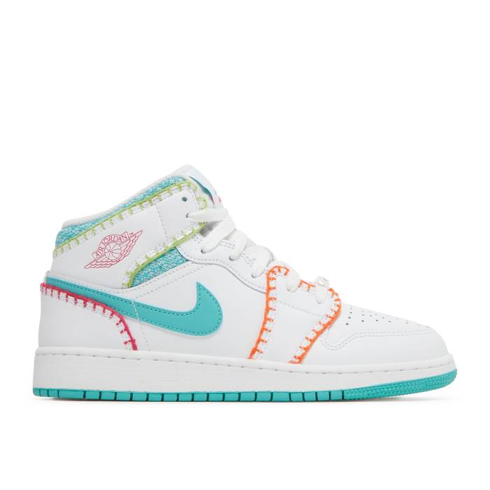 ナイキ エアジョーダン Air Jordan 【 Jordan 1 Mid Se ガウス \u0027Multi Knit\u0027 Youth White/Washed Teal/Rush Pink 】 ミッド 御坊っちゃん キッズ 白いこと 白いこと rush 混雑時 pink サクラ色