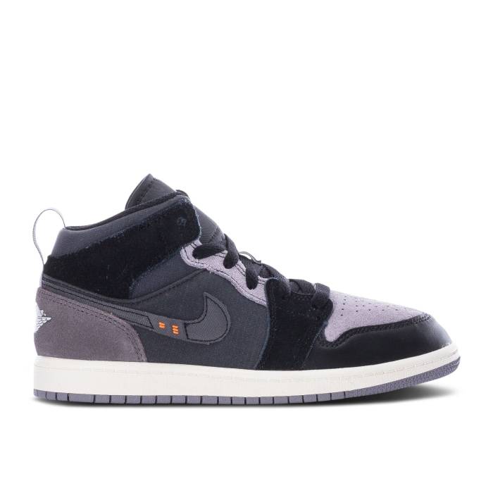 ナイキ エアジョーダン Air Jordan 【 Jordan 1 Mid Se Craft Ps \u0027Inside Out - Black\u0027 Youth Black/Light Graphite/Sail/Cement Grey 】 ミッド お坊っちゃん キッズ 黒いこと 黒いこと 薄墨色・シメント 薄墨色 薄墨色
