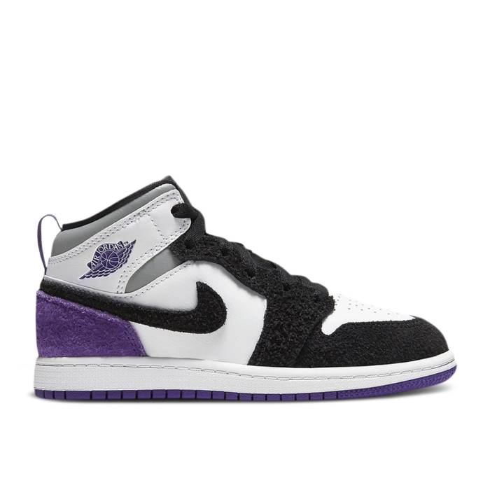 ナイキ エアジョーダン Air Jordan 【 Jordan 1 Mid Se Ps 'Varsity Purple' Youth White/Black/Light Solar Flare Heather/Varsity Purple 】 ミッド ジュニア キッズ 白色 ホワイト 黒色 ブラック heather ヘザー Purple 紫・パ|スニケス