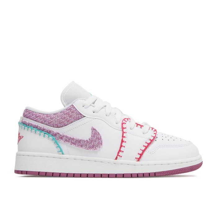 ナイキ エアジョーダン Air Jordan 【 Jordan 1 Low Se ガウス \u0027Knit\u0027 Youth White/Rush Pink/Washed Teal/Light Burgundy 】 御坊っちゃん キッズ 白いこと 白いこと rush 混雑時 pink サクラ色 ぶどう酒色・バーガンディー