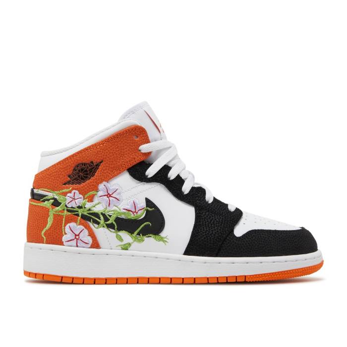 ナイキ エアジョーダン Air Jordan 【 Jordan 1 Mid ガウス \u0027Floral\u0027 Youth White/Black/Starfish/Vivid Green/Lavender Mist/Altitude Green 】 ミッド 御坊っちゃん キッズ 白いこと 白いこと 黒いこと 黒いこと green 緑・緑であること 靴-スニーカー-キッズファッション