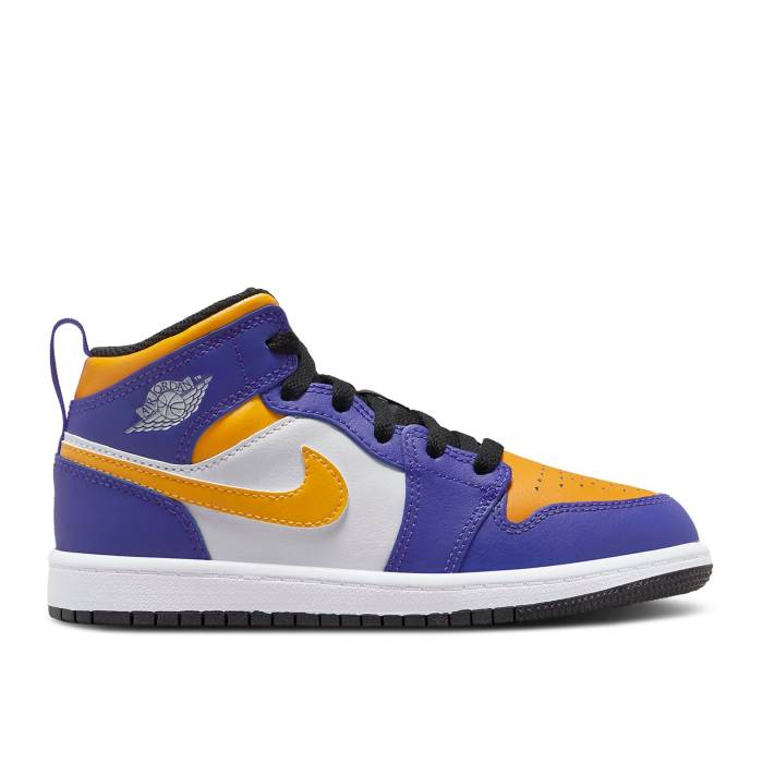 ナイキ エアジョーダン Air Jordan 【 Jordan 1 Mid Ps \u0027Lakers\u0027 Youth Dark Concord/White/Black/Taxi 】 ミッド お坊っちゃん キッズ 調和・コン吊りひも 白いこと 白いこと 黒いこと 黒いこと