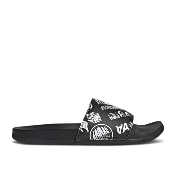 アディダス Adidas 【 Adilette Comfort Slide \u0027All Over Logos - Black\u0027 Men Core Black/Core Black/Cloud White 】 アディレッタ Slide サンダル メンズ 中核グループ 黒いこと 黒いこと 白いこと 白いこと