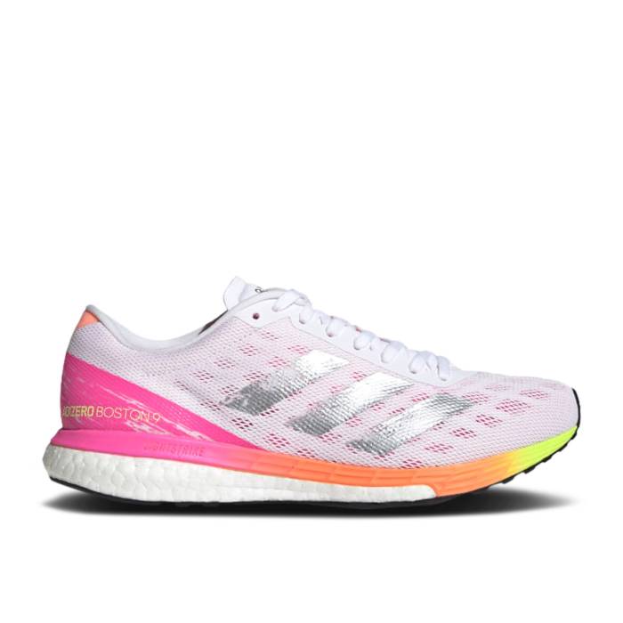 アディダス Adidas 【 Wmns Adizero Boston 9 \u0027White Screaming Pink\u0027 Women Cloud White/Silver Metallic/Screaming Pink 】 アディゼロ 豆の町 レディース 白いこと 白いこと Silver しろがね色・しろがね色 pink さくら色