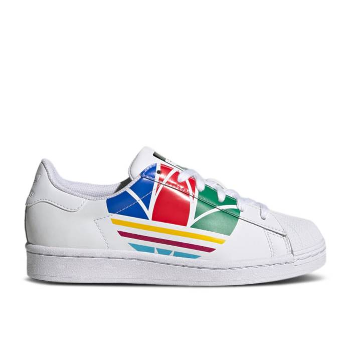 アディダス Adidas 【 Superstar Pure J \u0027Colorful Trefoil - Cloud White\u0027 Youth Cloud White/Red/Blue 】 Superstar はやりっ子 純然たる トレフォイル 御坊っちゃん キッズ 白いこと 白いこと Red 赤・赤いこと 青味 青み
