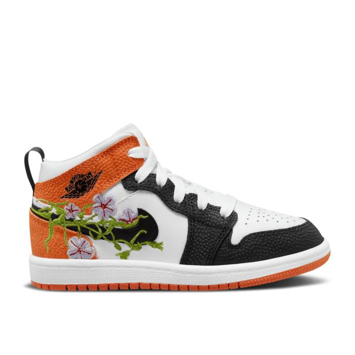 ナイキ エアジョーダン Air Jordan 【 Jordan 1 Mid Ps Floral Youth White/Black/Starfish/Vivid Green/Lavender Mist/Altitude Green 】 ミッド ジュニア キッズ 白色 ホワイト 黒色 ブラック green 緑・グリーン