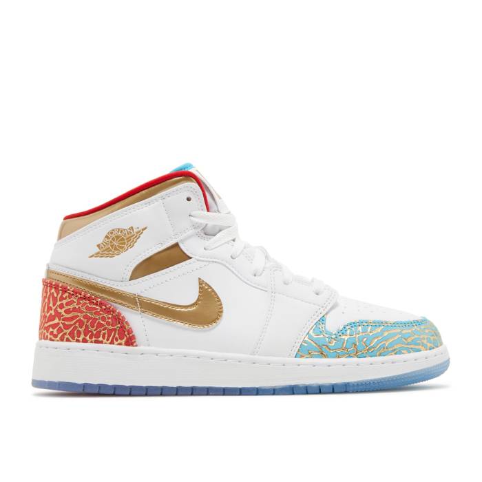ナイキ エアジョーダン Air Jordan 【 Jordan 1 Mid Gs Nc To Chi Youth White/Metallic Gold/University Red/Blue Lightning/Wolf Grey 】 ミッド ジュニア キッズ 白色 ホワイト ゴールド Red 赤・レッド 青色 ブルー ラ