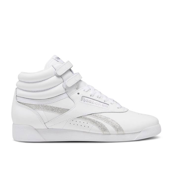 リーボック Reebok 【 Wmns Freestyle High 'White Glitter' Women Footwear White/Footwear White/Silver Metallic 】 フリースタイル ハイ レディース 白色 ホワイト Silver 銀色・シルバー｜スニケス