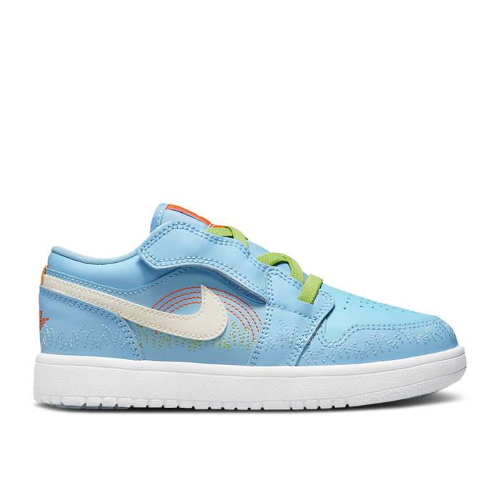 ナイキ エアジョーダン Air Jordan 【 Jordan 1 Low Se Ps \u0027Blue Stitch\u0027 Youth Psychic Blue/Vivid Green/Safety Orange/Sail 】 御坊っちゃん キッズ 青味 青み green 緑・緑であること orange 橙・オレンジ色