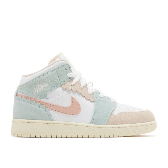 ナイキ エアジョーダン Air Jordan 【 Jordan 1 Mid Se ガウス \u0027Scalloped Edge\u0027 Youth White/Pink Oxford/Jade Ice/Guava Ice/Coconut Milk 】 ミッド 御坊っちゃん キッズ 白いこと 白いこと pink サクラ色 オックスフォード 翡翆・ジェ