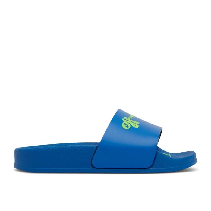 象牙色 Off-White 【 Logo Pool Sliders Kids \u0027Bright Blue\u0027 Youth Blue/Green 】 ロゴタイプ スウィミングプール サンダル お坊っちゃん キッズ 青碧 青碧 green 緑・緑であること