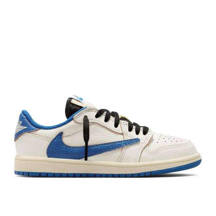 ナイキ エアジョーダン Air Jordan 【 Fragment Design X Travis Scott X Jordan 1 Retro Low Og Sp Ps \u0027Sail Military Blue\u0027 Youth Sail/Black/Muslin/Military Blue 】 レトロ 御坊っちゃん キッズ 黒いこと 黒いこと 青碧 青色 キッズファッション-スニーカー-靴