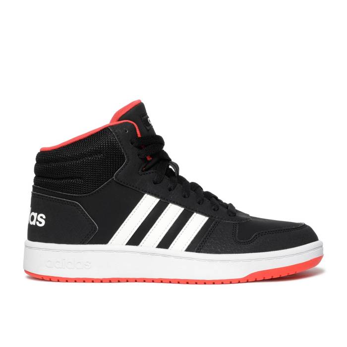 アディダス Adidas 【 Hoops 2.0 Mid J 'Black Hi-Res Red' Youth Core Black/Cloud White/Hi-Res Red 】 ミッド ジュニア キッズ コア 黒色 ブラック 白色 ホワイト Red 赤・レッド｜スニケス