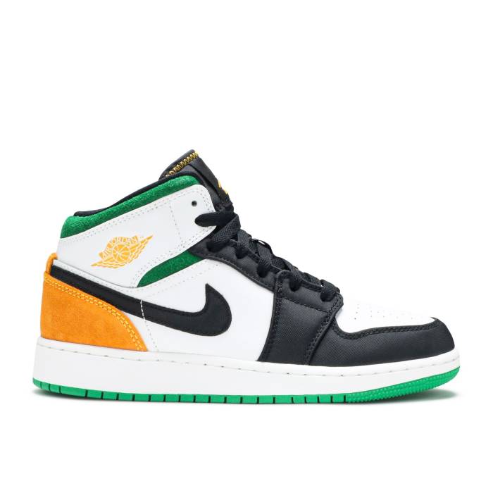 ナイキ エアジョーダン Air Jordan 【 Jordan 1 Mid Se ガウス \u0027Oakland\u0027 Youth White/Laser Orange/Black/Lucky Green 】 ミッド お坊っちゃん キッズ 白いこと 白いこと Laser レーザ orange 橙・オレンジ色 黒いこと 黒いこと green 緑・