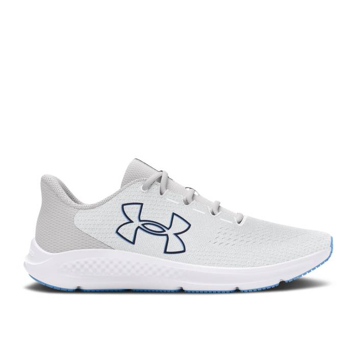 アンダーアーマー Under Armour 【 Charged Pursuit 3 \u0027Big Logo - White Grey Midnight Navy\u0027 Men White/Distant Grey/Midnight Navy 】 ロゴタイプ 白いこと 白いこと 薄墨色 薄墨色 メンズ 白いこと 白いこと 薄墨色 薄墨色 紺色 米国海軍
