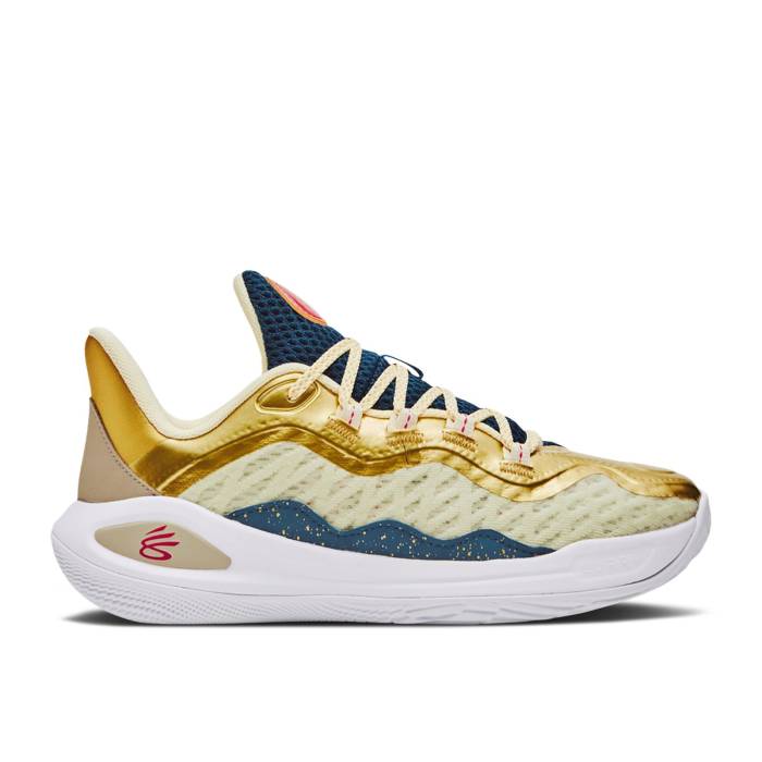 Curry Brand 【 Curry Flow 11 ガウス \u0027Champions Mindset\u0027 Youth Lemon Ice/Metallic Gold/Red 】 カリー 流れ受け答え 御坊っちゃん キッズ ゴールド Red 赤・赤いこと