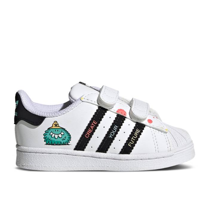 アディダス Adidas 【 Kevin Lyons X Superstar Infant \u0027Create Your Future\u0027 Infant Cloud White/Core Black/Radiant Aqua 】 船室 Superstar はやりっ児 もの言う花 白いこと 白いこと 中核グループ 黒いこと 黒いこと アクア