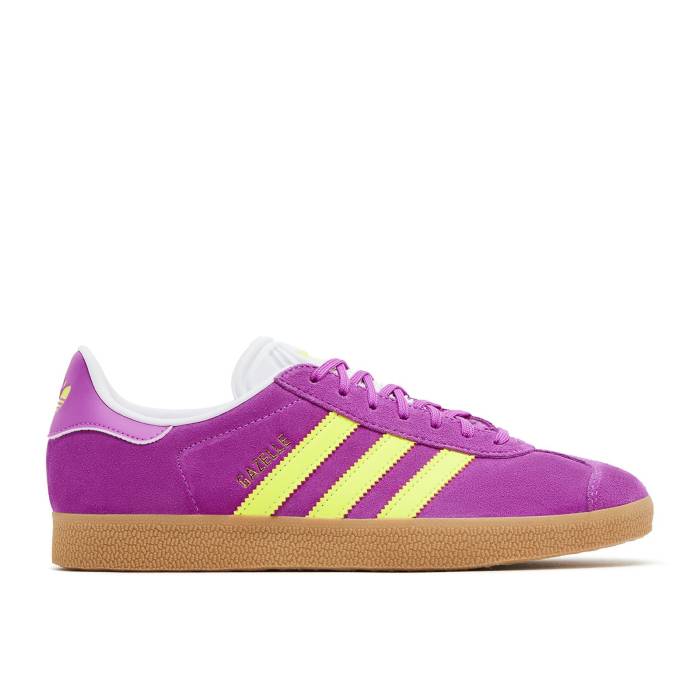 アディダス Adidas 【 Wmns Gazelle \u0027Purple Burst Solar Yellow\u0027 Women Purple Burst/Solar Yellow/Off White 】 ガゼル はち切れる レディース Purple 紫・パープル はち切れる yellow 黄味がかった・黄色 白いこと 白いこと