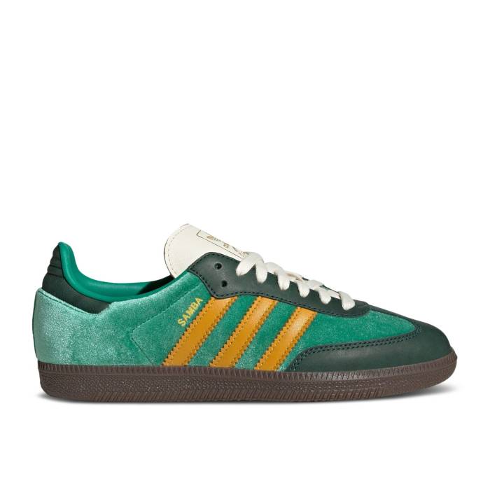 アディダス Adidas 【 Wmns Samba Og \u0027Green Preloved Yellow Velvet\u0027 Women Court Green/Preloved Yellow/Collegiate Green 】 サンバ yellow 黄味がかった・黄色 レディース 厚地の外套 green 緑・緑であること yellow 黄味がかった・黄色