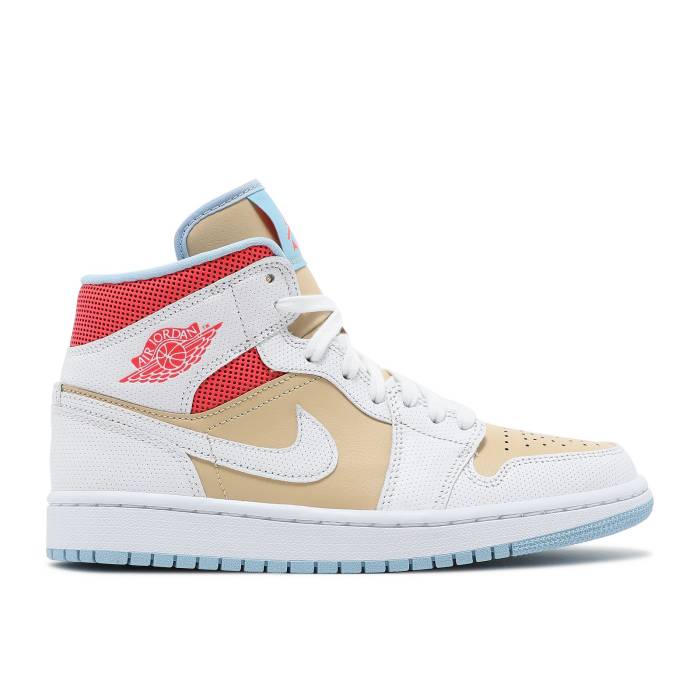 ナイキ エアジョーダン Air Jordan 【 Wmns Jordan 1 Mid Se \u0027Sesame\u0027 Women Sesame/White/Flash Crimson/Psychic Blue 】 ミッド レディース 白いこと 白いこと クリムゾン 青味 青み