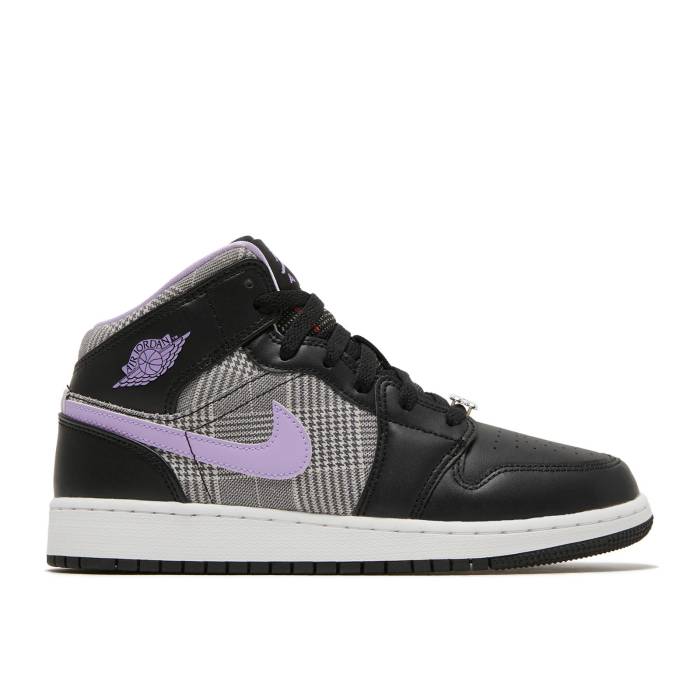 ナイキ エアジョーダン Air Jordan 【 Jordan 1 Mid Se ガウス \u0027Houndstooth\u0027 Youth Black/Lilac/White/Metallic Silver 】 ミッド 御坊っちゃん キッズ 黒いこと 黒いこと 白いこと 白いこと Silver しろがね色・しろがね色