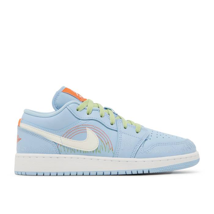ナイキ エアジョーダン Air Jordan 【 Jordan 1 Low Se ガウス \u0027Blue Stitch\u0027 Youth Psychic Blue/Vivid Green/Safety Orange/Sail 】 御坊っちゃん キッズ 青味 青み green 緑・緑であること orange 橙・オレンジ色